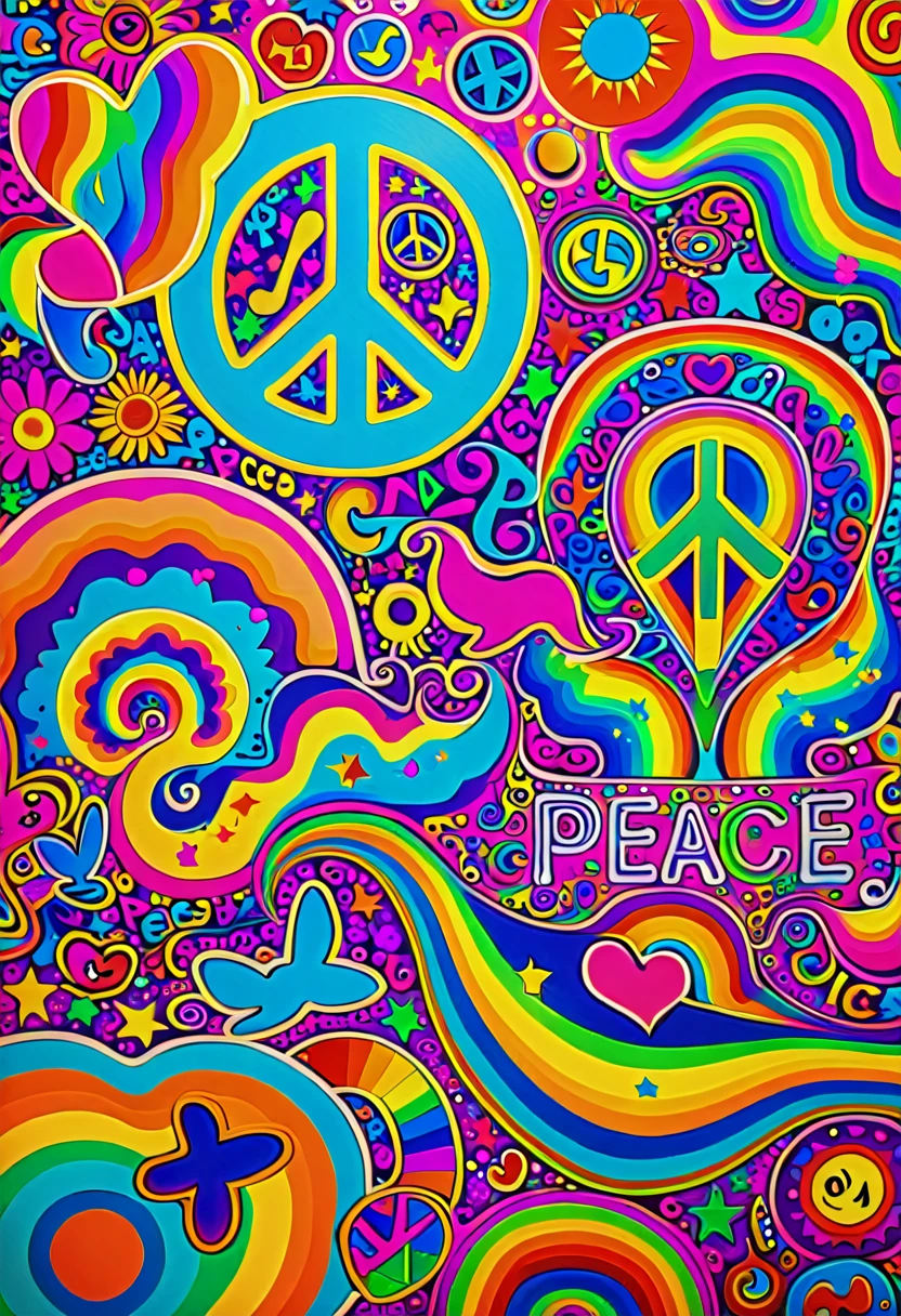 Colorful peace pattern, like, and music symbols, peace and like, like peace and unity, Hippie pattern, hippie, Whimsical and psychedelic, 70s psychedelic style, Colorful graffiti art, Psychedelic color theme, Amazing background, 60s Kitsch and Psychedelia, lisa frank style