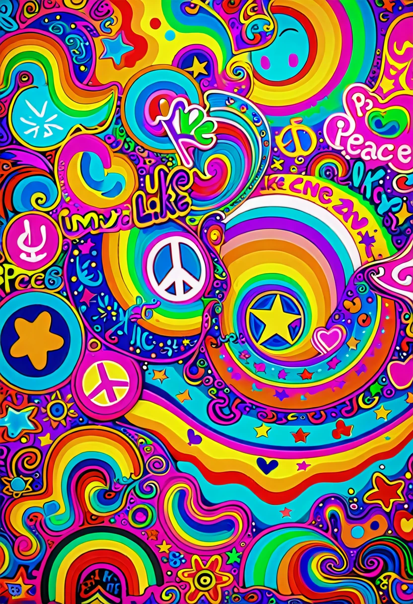 Colorful peace pattern, like, and music symbols, peace and like, like peace and unity, Hippie pattern, hippie, Whimsical and psychedelic, 70s psychedelic style, Colorful graffiti art, Psychedelic color theme, Amazing background, 60s Kitsch and Psychedelia, lisa frank style