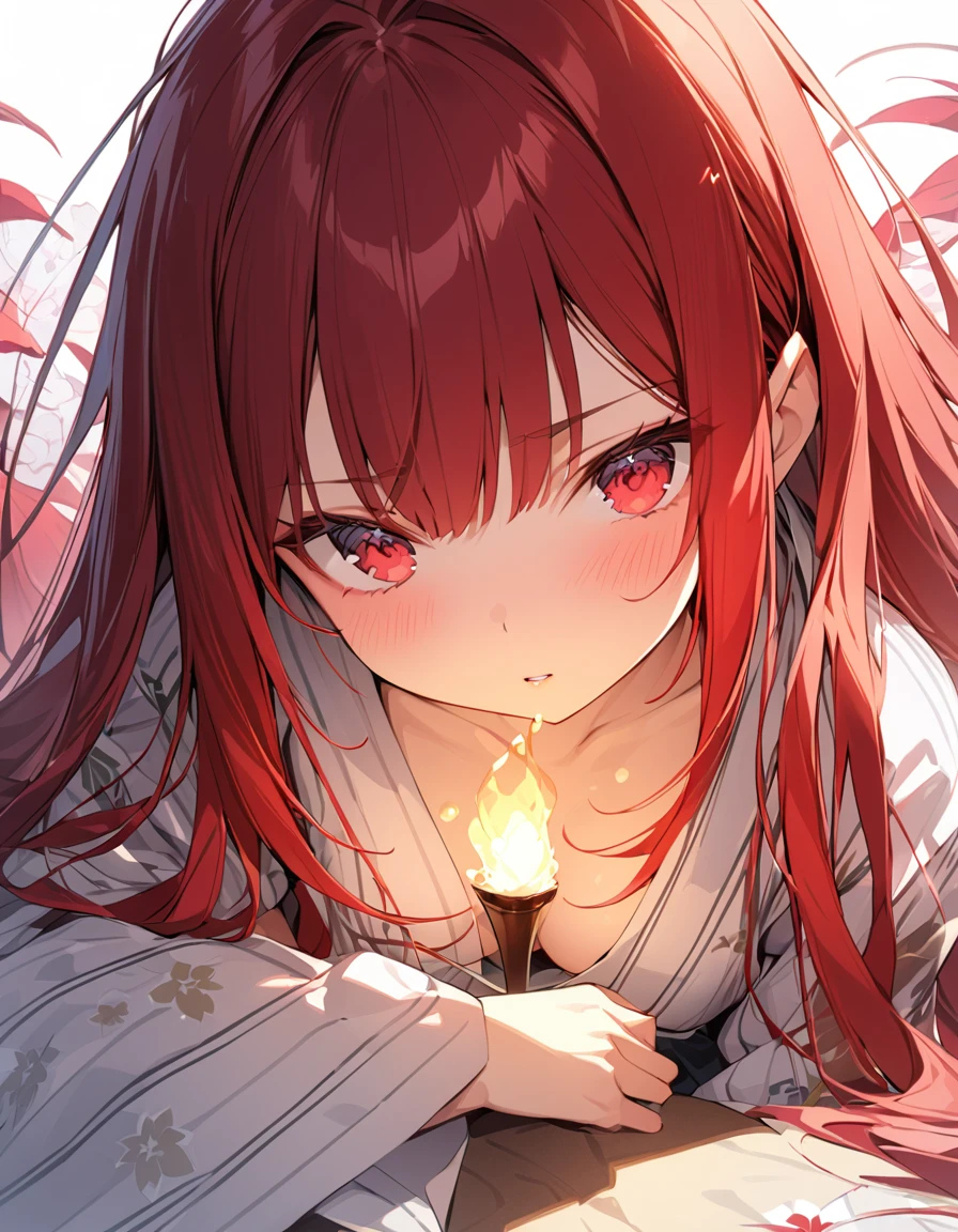 masterpiece　Detailed description　A woman with very long red hair　Japanese-style yukata　Her small cleavage is tantalizingly revealed