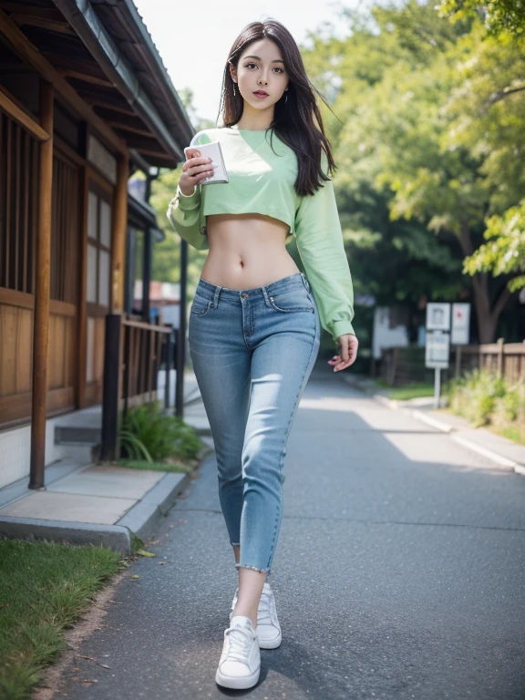 (best quality, Masterpiece, Realistic photos, very detailed, Ultra high resolution, raw:1.3), 1 woman, beautiful, Japan, in university, A young university girl wears a green button-up crop top., Blue Jeans, showing navel, College Student, navel, (canvas shoes, ขาbeautiful, full body), Walking place, holding a book, Dress well, (realistic bellybutton shape)