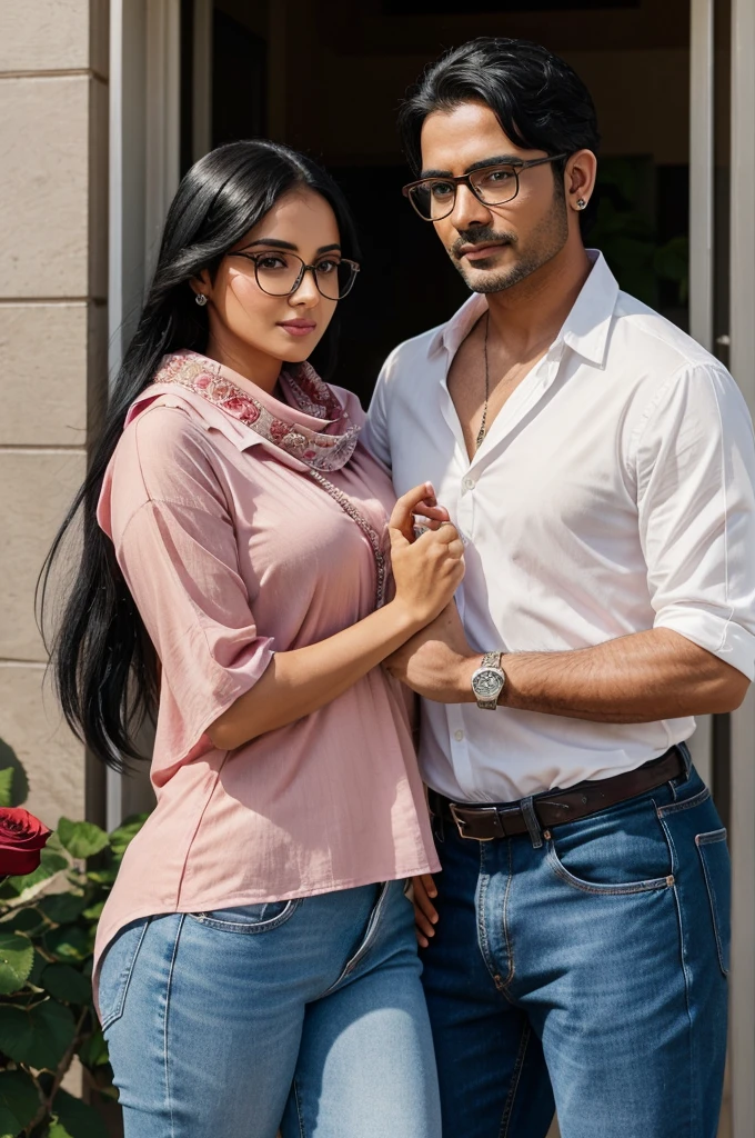 A 45-year-old man with two complexions of 5' height.  Black hair.  Chevy is placed on the right ear. Metal frame glasses are placed.  Wearing jeans and a shirt.  A rose flower held in hand.  A rose flower is extended to a 35-year-old young woman. The young woman's body is slightly plump.  Beautiful to look at.  He wears metal frame glasses.  The lady is wearing a white color churidar.  A shawl is wrapped around the black hair.