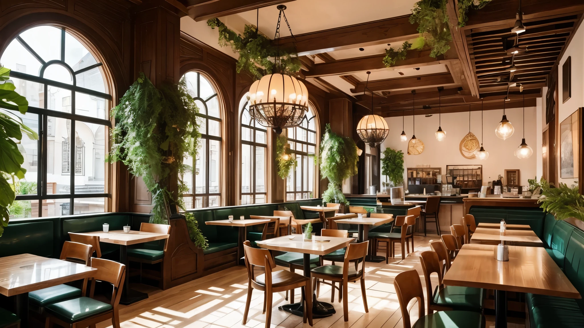 “Generate an image of a café interior in the style of Starbucks. The space is vast, with exceptionally high ceilings. It’s early morning, and soft light filters through large windows, creating a warm and inviting atmosphere throughout the expansive café. Tables fill the area, with some sections featuring cozy sofa seating. Neatly arranged coffee cups stand on a long, spacious counter, complemented by lush greenery and plants that elegantly adorn the background. The interior décor features calming earth tones, ensuring a relaxed ambiance for patrons.”