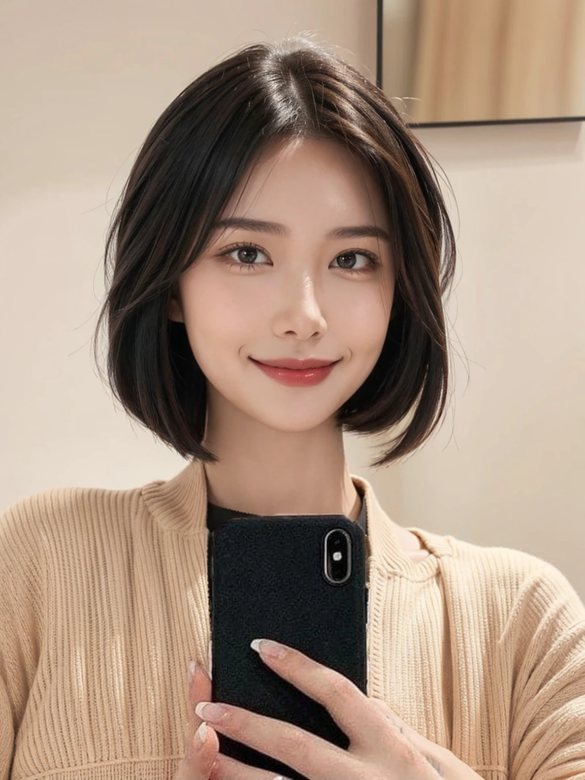 woman,beautiful,short hair,cute,smile,Selfie in front of the mirror,Crop shirt