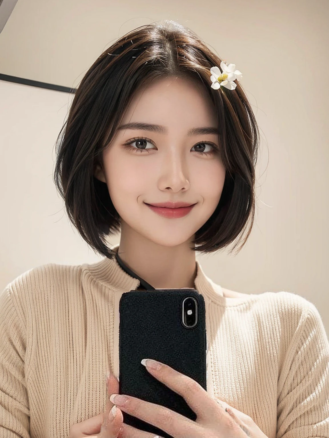 woman,beautiful,short hair,cute,smile,Selfie in front of the mirror,Crop shirt