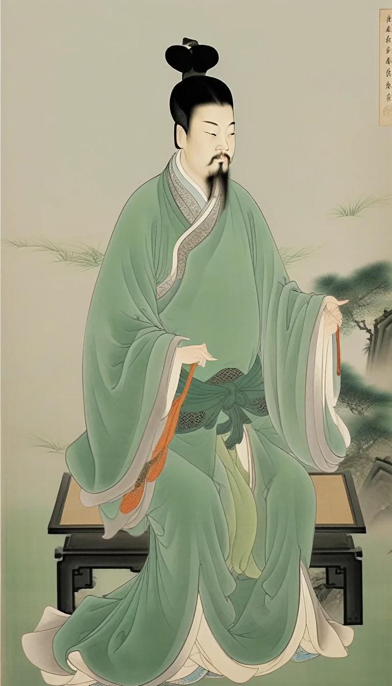 Chinese Ming Dynasty Men,Solitary,,Black Hair,Chinese clothes of the Ming Dynasty,Long sleeve,whole body,Wide sleeves,permanent,,Green long robe,Gray background,Keep,Shut up,Close your eyes,Ming Dynasty Clothing