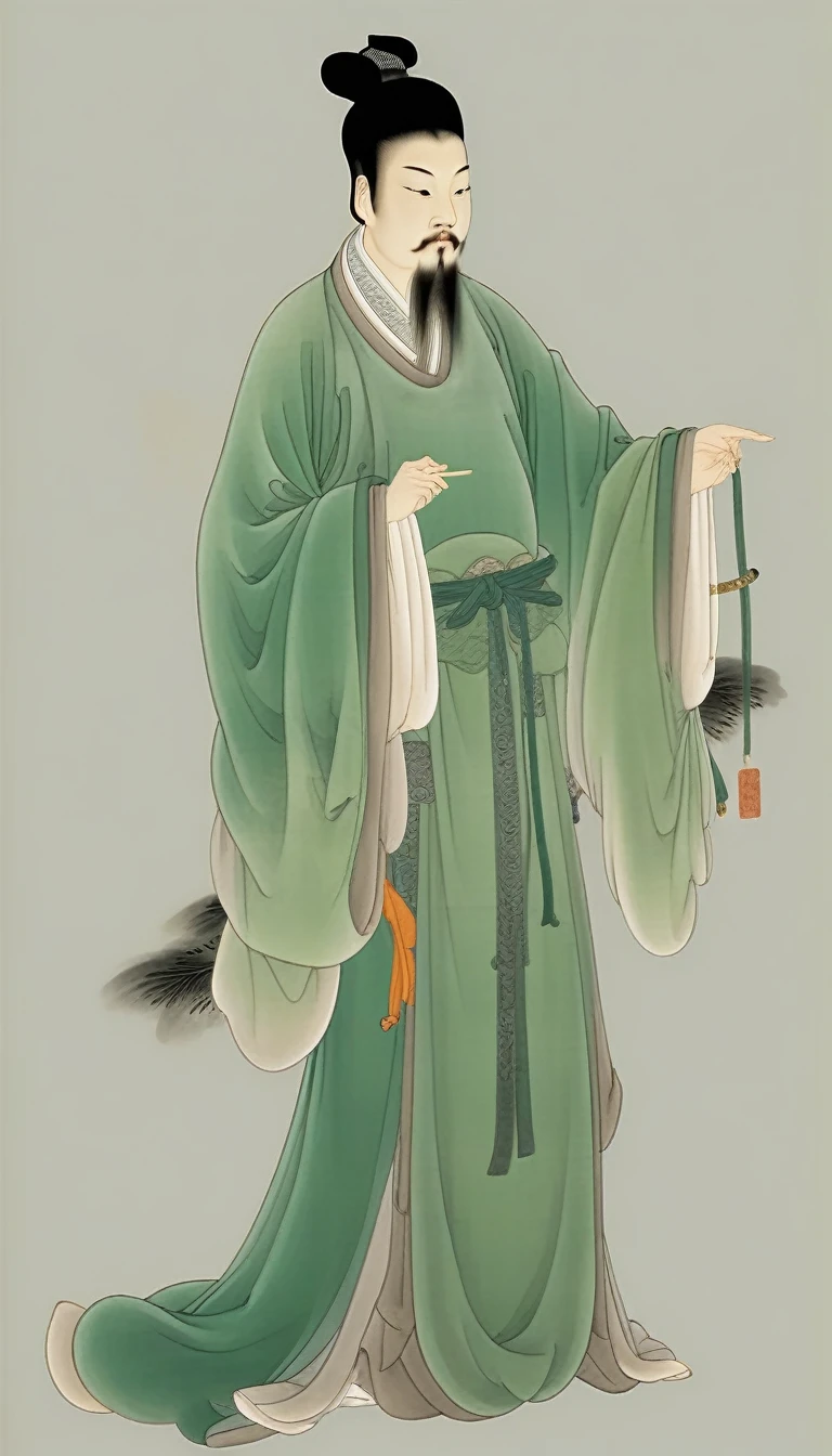 Chinese Ming Dynasty Men,Solitary,,Black Hair,Chinese clothes of the Ming Dynasty,Long sleeve,whole body,Wide sleeves,permanent,,Green long robe,Gray background,Keep,Shut up,Close your eyes,Ming Dynasty Clothing