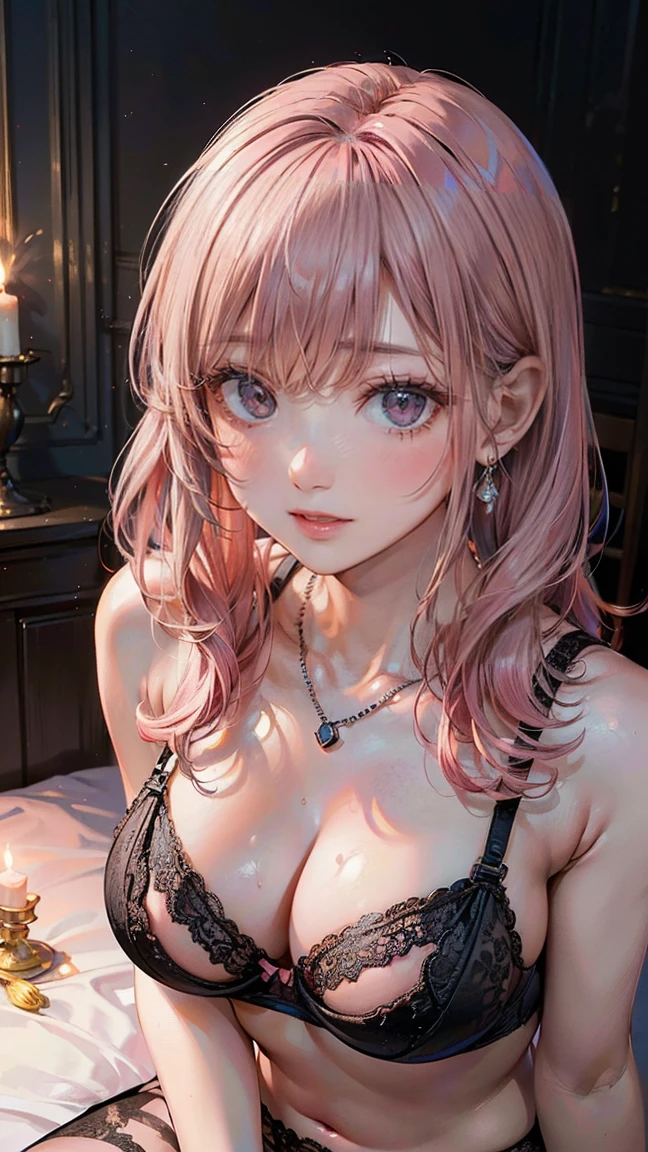 (Masterpiece, BestQuality:1.3), (ultra detailed:1.2), (hyperrealistic:1.3), (RAW photo:1.2), High detail RAW color photo, professional photograph, (Photorealistic:1.4), (realistic:1.4), (Pink Hair:1.5), professional lighting, perfect anatomy, (Big Breasts:1.2), (blush, detailed face), (cheerful Smile:1.5), Trending Hair&Trending Hairカラーをランダムに, earrings, necklace, bracelet, sexly, erotic sexly, Random sexy gravure poses, (Sexy woman in black lace bra and panties。In a dark room, lit by candlelight、Biting her lip lightly、Sit on the edge of the bed。: 1.3)