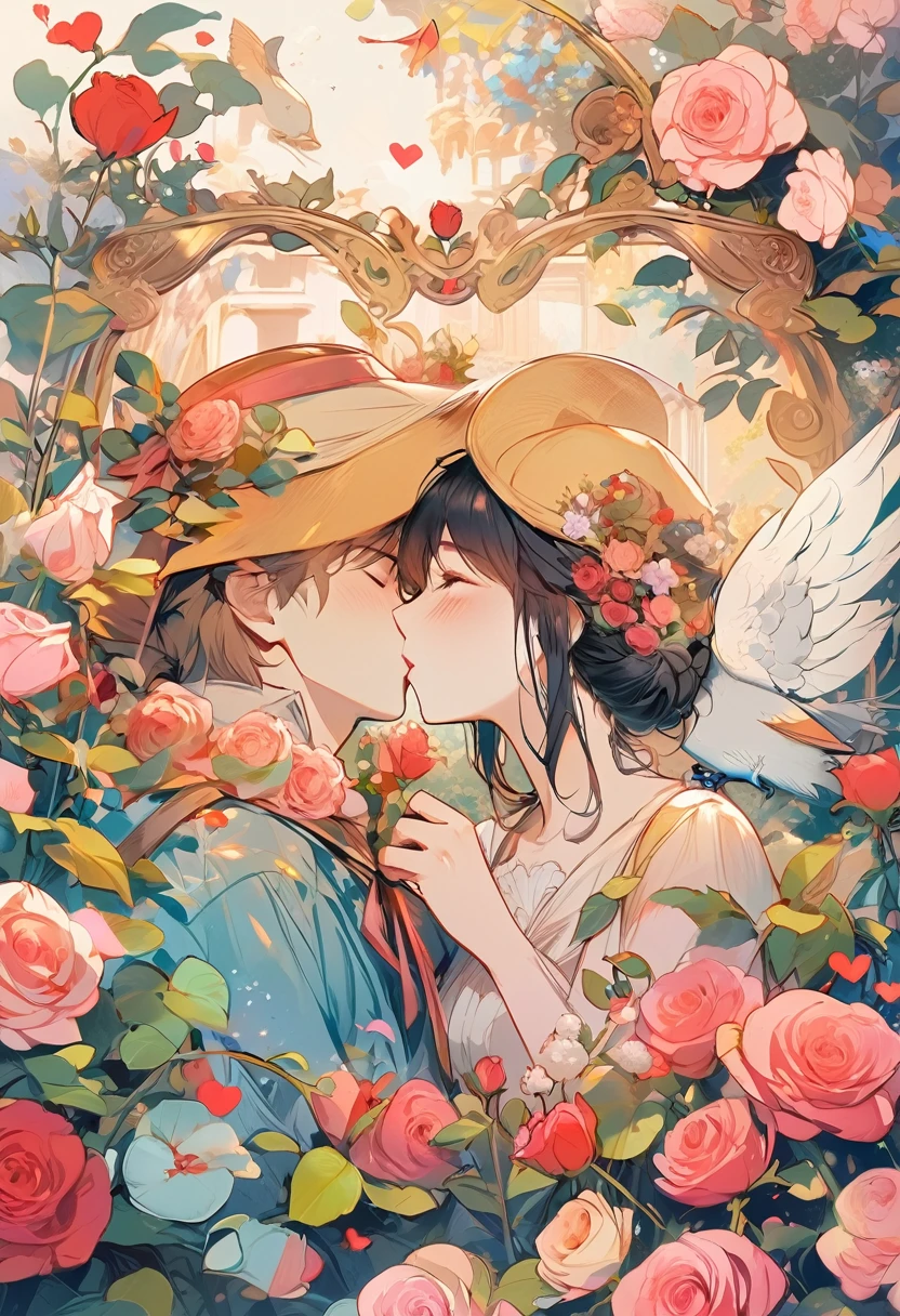 anime couple kissing in a garden with roses and a bird, peasant boy and girl first kiss, artwork in the style of guweiz, alphonse mucha and rossdraws, guweiz, korean art nouveau anime, kissing together cutely, a beautiful artwork illustration, lovely kiss, guweiz on pixiv artstation, beautiful anime artwork, official fanart