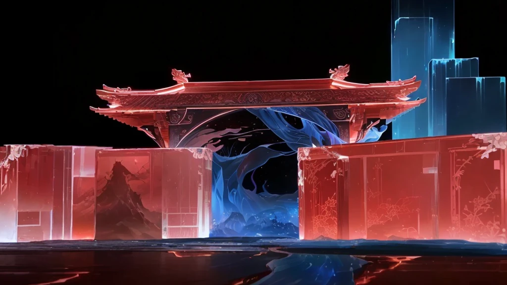 Ethereal的幻想概念艺术（masterpiece、Top quality、Best quality、Official Art）、Dry Landscape、Detailed decoration、magnificent、X-rays、transparent、Bioluminescence、White and blue and red、dark black background、White and blue and red、transparent全息，magnificent、Celestial Bodies、Ethereal、、epic、majestic、magic、Fantasy Art、Cover Art