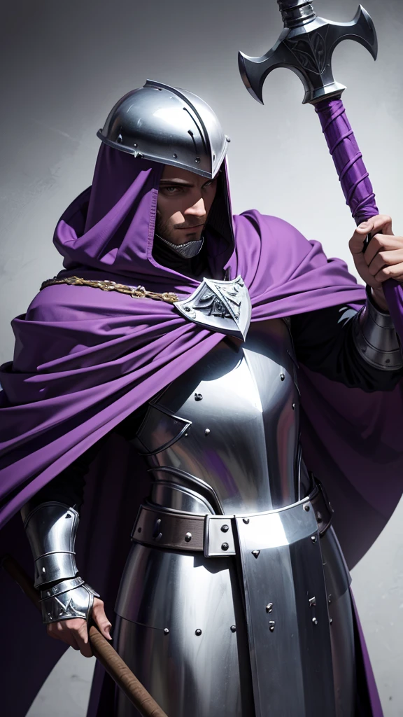 Knight wearing a bucket helmet that covers the entire head, with a purple cape and wields a battle axe