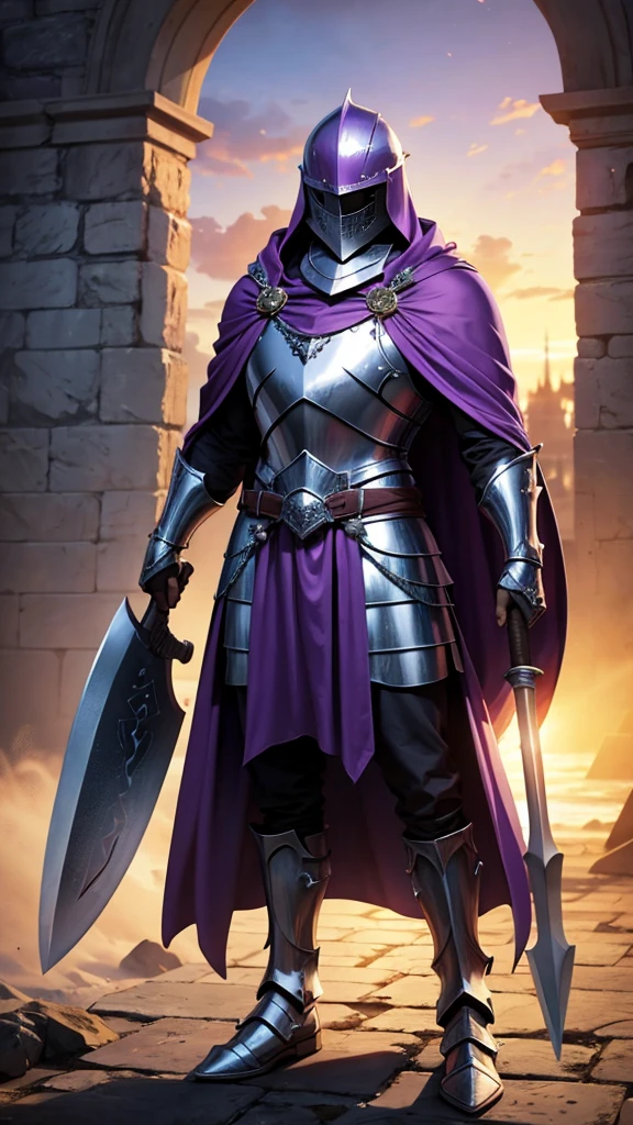 Knight wearing a bucket helmet that covers the entire head, with a purple cape and wields a battle axe