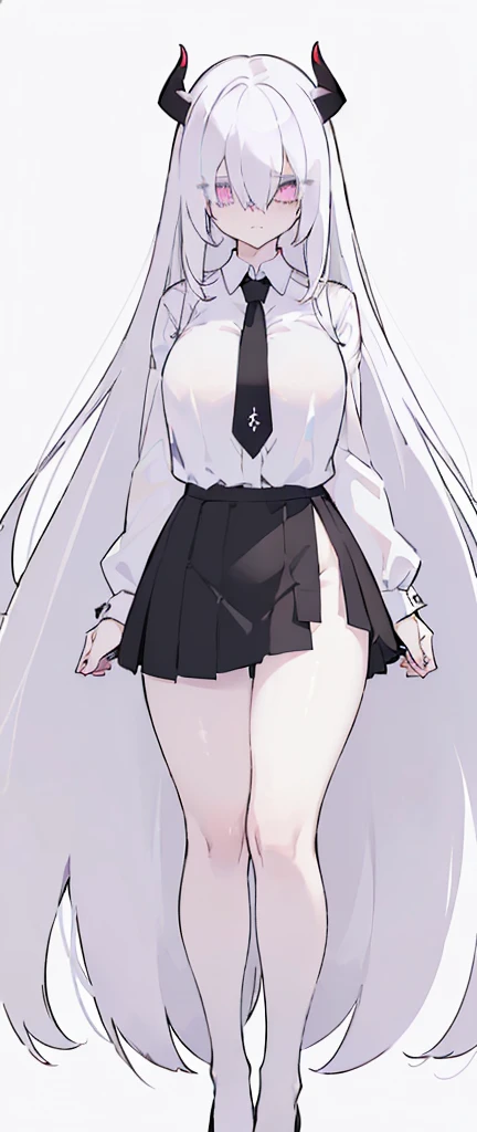 (((Long White hair))),White hair,kawai,(((Eyes visible from bangs,hair over eyes:1.3))),,Huge breasts,(purple color eyes),,(purple slanted eyes),1girl in,bangs,long White hair, pantyhose,Cowboy Shot,white background,Straight hair hair,(On both sides of the head has sharp black devil horns) ((head bowed pose)) Ter's hair flows straight down, has two sharp black horns (slant purple eyes) (((wearing a perfect white shirt))) white shirt sleeves should be folded to the elbows ((Don't wear any ties (wear a long black skirt, both sides of the skirt are split The other two sides of the skirt are split (showing her bare thighs) Long black skirt split at the thighs, perfect white shirt, no accessories like a tie (sexy body) Bare thighs without wearing any socks, The character's body is visible from head to ankle, ((Tall slim perfect body)) (tight black skirt)