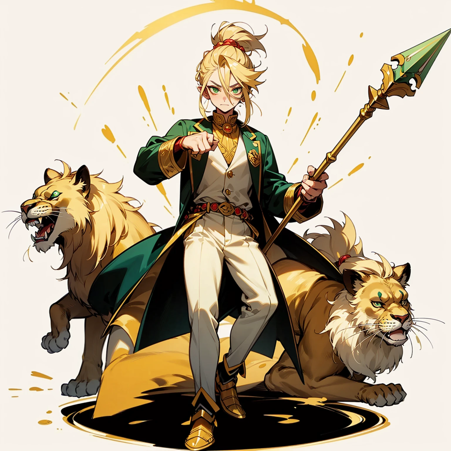 Random evolution, circuit clown, mascot, goblin man, (full body version), (1Man), (Clown make up on face), green eyes, blonde colour hair, man bun hairstyle, ((golden spear weapon in hand)), (There are 2 large lions on the left and right), Grassroots