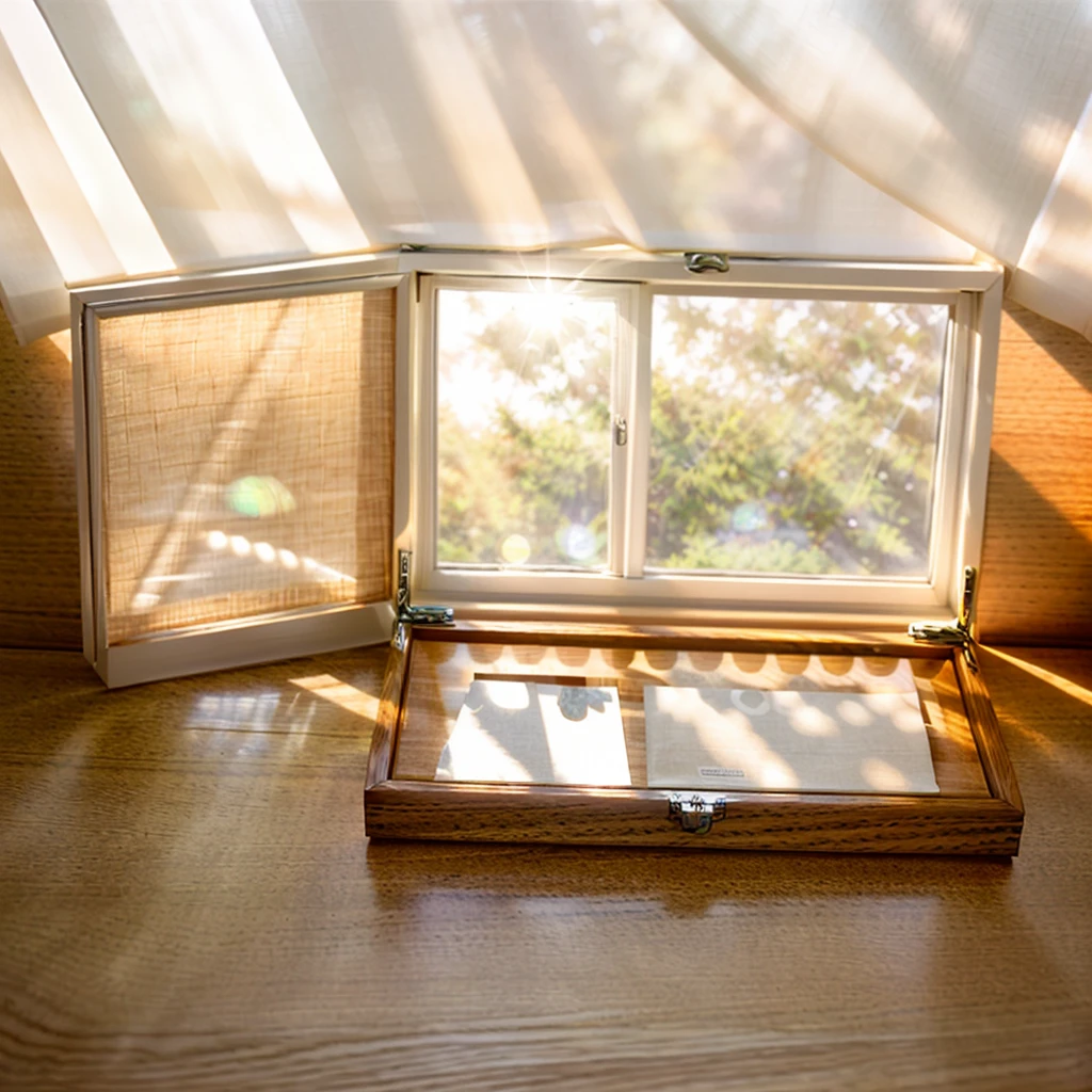 In this cozy room,A ray of sunlight shone through the half-drawn curtains on the table,Let the wood grain on the watch storage box shine with a faint luster。There was a calm and peaceful atmosphere in the air around them。There are several still lifes hanging on the walls of the room,It adds a touch of elegance to the space。And on the other side of the room,The half-open window lets in the breeze,The pages on the small desk by the window turned in the wind,This quiet scene gives a sense of tranquility and comfort。