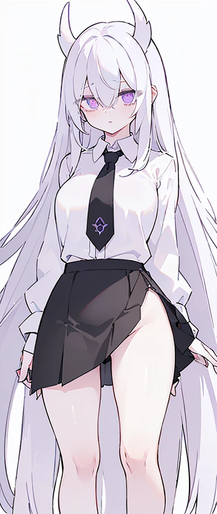 (((Long White hair))),White hair,kawai,(((Eyes visible from bangs,hair over eyes:1.3))),,Huge breasts,(purple color eyes),,(purple slanted eyes),1girl in,bangs,long White hair, pantyhose,Cowboy Shot,white background,Straight hair hair,(On both sides of the head has sharp black devil horns) ((head bowed pose)) Ter's hair flows straight down, has two sharp black horns (slant purple eyes) (((wearing a perfect white shirt))) white shirt sleeves should be folded to the elbows ((Don't wear any ties (wear a long black skirt, both sides of the skirt are split The other two sides of the skirt are split (showing her bare thighs) Long black skirt split at the thighs, perfect white shirt, no accessories like a tie (sexy body) Bare thighs without wearing any socks, The character's body is visible from head to ankle, ((Tall slim perfect body)) (tight black skirt)