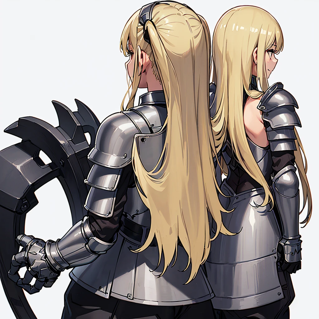 (((Solo)))、Highest quality, Best Quality、(((Gray simple armor、Black trousers))、(woman、18-year-old)、(Blonde、Long Hair)、(Cowboy Shot)、(White background)、(be happy、happy)、(From the back、Back view)