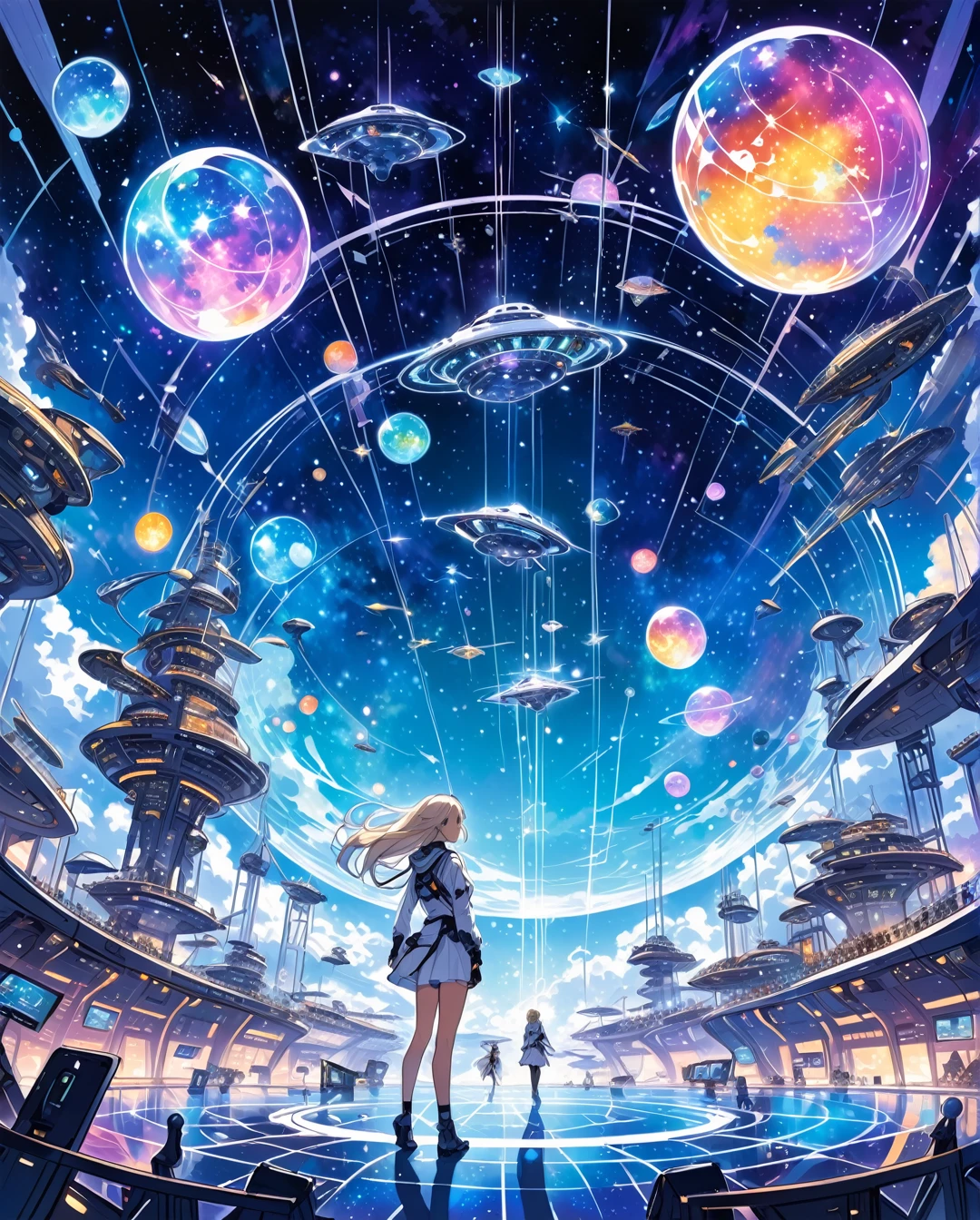 (in style of Jillian Tamaki:0.9),
Celestial Harbor, a cute Female alien working in the celestial port, sitting in a transparent suspended ball vase, telemetry huge spacecraft harbor where spaceships and cosmic vessels dock, illuminated by distant stars and nebulae, a sci-fi setting with futuristic technology and diverse alien species, vibrant holographic displays and bustling activity, conveying a sense of unity and collaboration, painting, acrylic on canvas using bright colors and dynamic brush strokes
