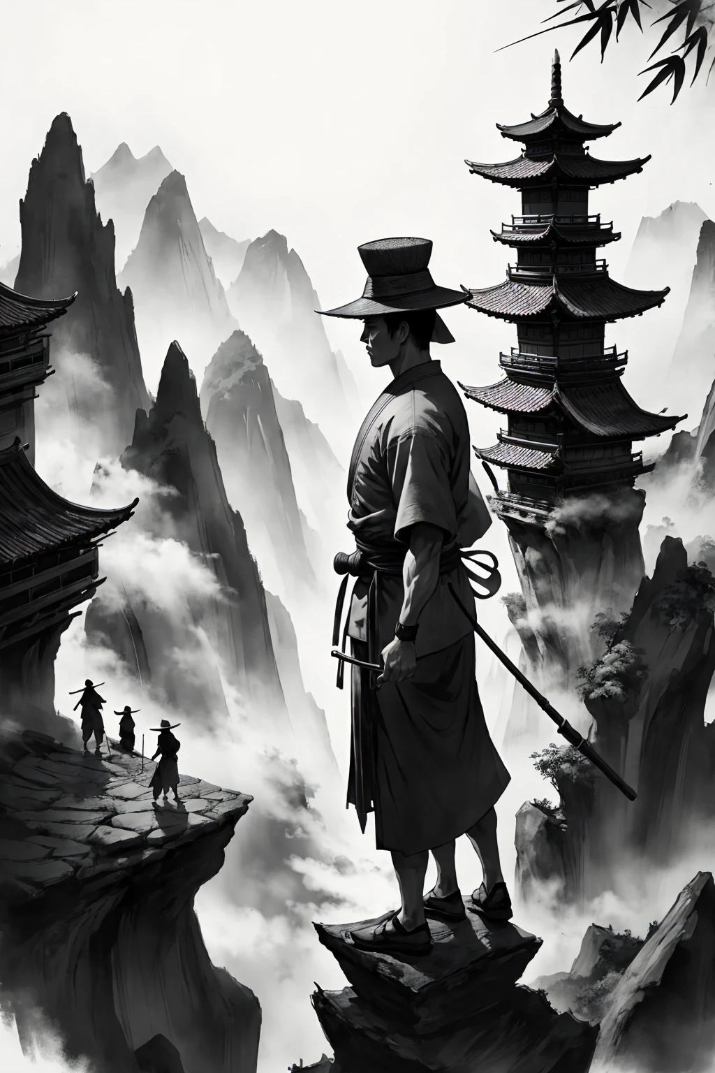 Draw a card, a martial arts hero wearing a bamboo hat, standing on a high platform with his back to someone. Surrounded by steep peaks. The painting style adopts Chinese ink wash style, with black and white as the main color tone.