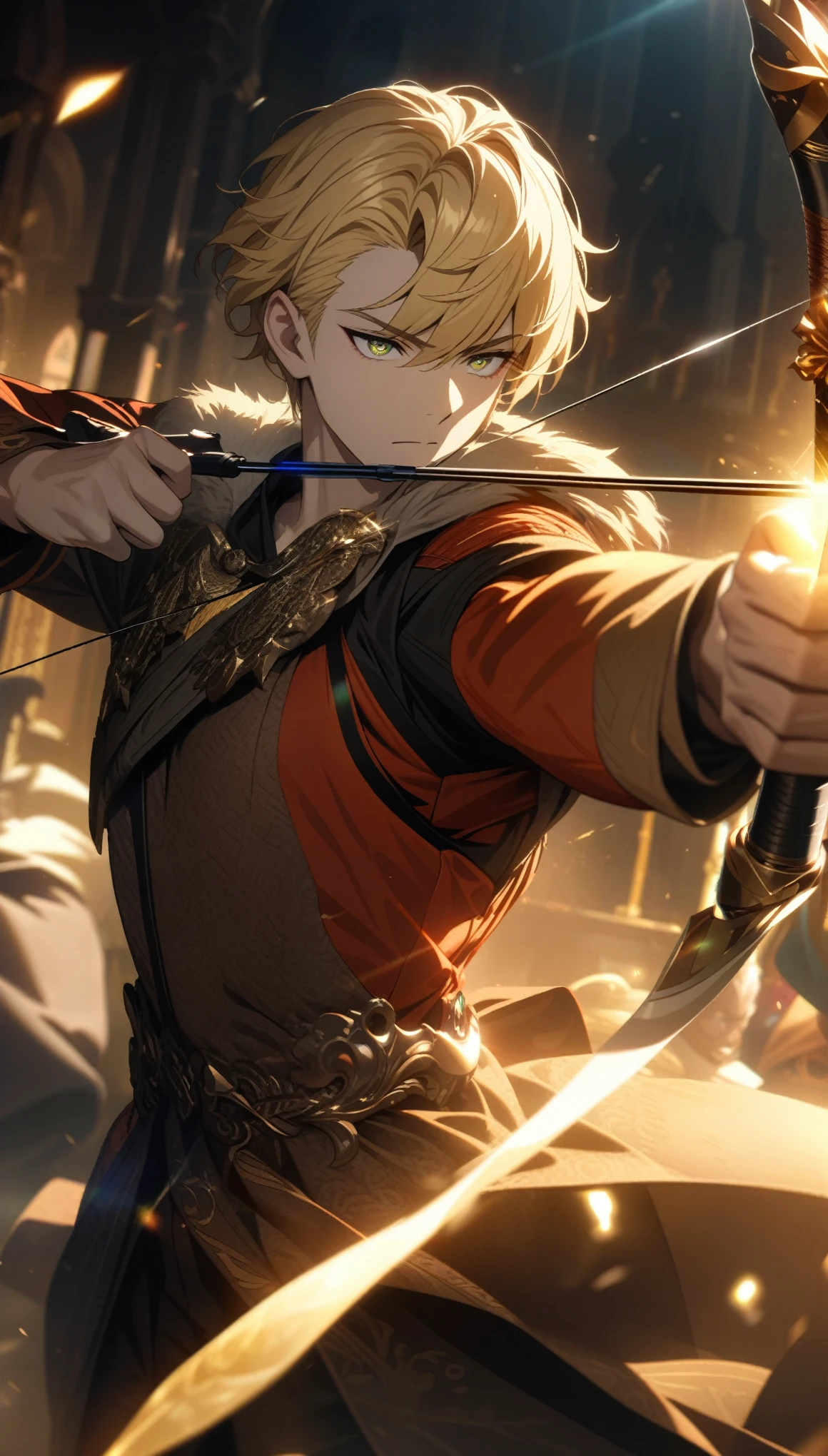 Masterpiece, Best Quality, Super Detailed, High Definition, Expensive Resolution, HDR, Super Detailed CG, Beautiful Details, Depth, Fine Texture, Super Fine, Complete concentration, Pale skin, male Archer,  Aiming, (holding a bow:1.1), The arrow is full of magic energy, arrow, Handsome man, smart and cool man, confident, Jade Emperor style, short hair, blonde hair, hair highlight, beautiful detail eyes, (Full details Archer costume, holding a bow), 1 male, Aiming eyes, Cold face and eyes, closed mouth, ethereal atmosphere, power and authority ,luxurious, intricate details, volumetric lighting, atmospheric lighting, lens flare, particles, Cinematic light, colorful light, white and gold colors schemes, Exquisite future fine detail, intricate, extremely detailed eyes and face,