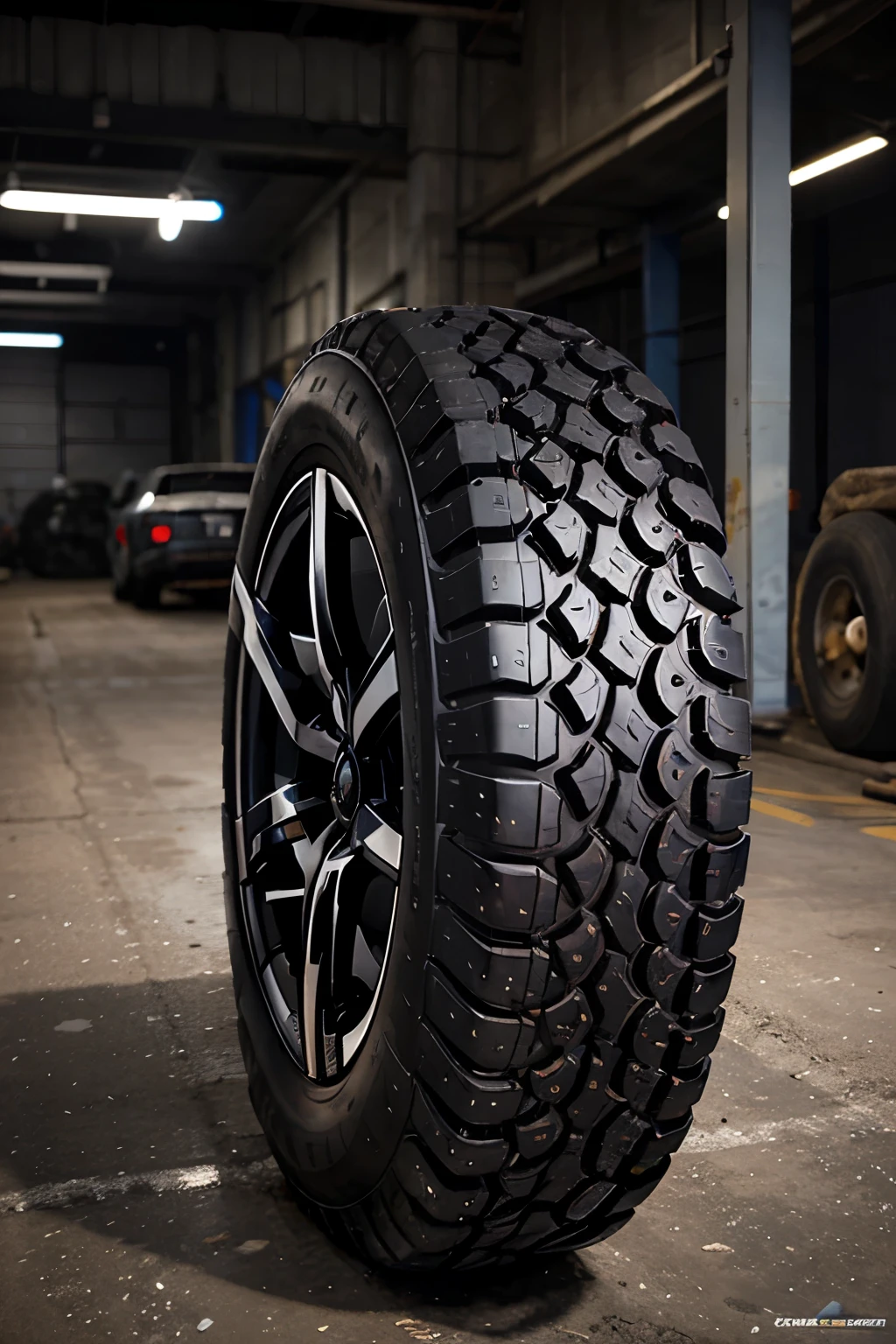 Generate an unused tire/wheel painted with the future of technology and artificial intelligence.