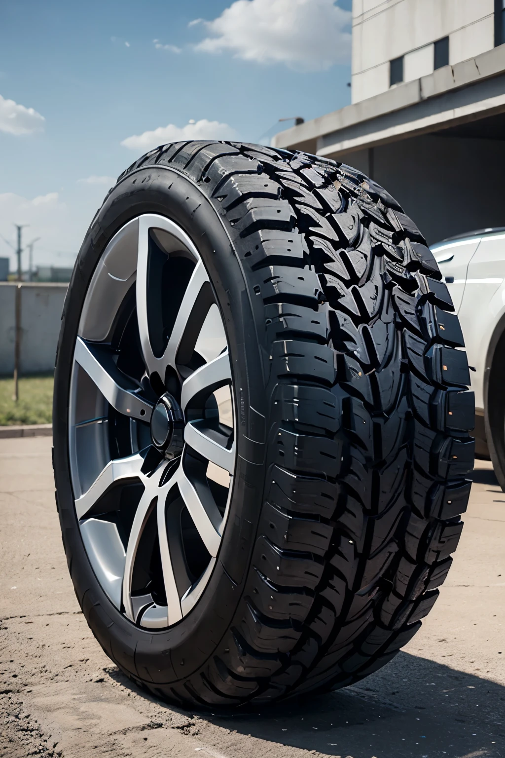 Generate an unused tire/wheel painted with the future of technology and artificial intelligence.