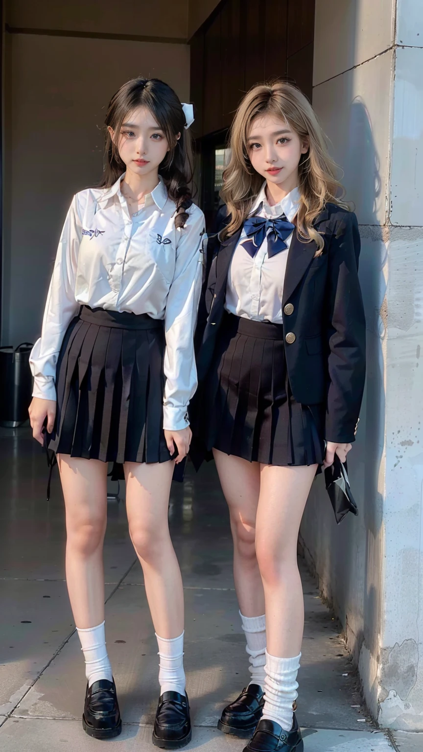 (scene; (Two women:1.8)), A gal of about the same height, (Two high school girls), (Shopping mall, Shopping Street, street, Outdoor), Full body portrait, Photograph the whole body, Are standing, (Tall, Thin thighs, Elongated arms and legs, Small waist, Small hips), ((Highly detailed skin), Beautiful realistic face, White skin, Pointed Chest, Perfect ???????, Realistic eyes, Natural Eyes, Brown eyes, Accurate eye focus, Accurate limbs), (Hyper Realist, Ultra-realistic, 4K, Attention to detail, Ultra-high resolution, Highest quality, masterpiece, Presence, dynamic, Uplifting, bold, Sharpness), (Big Breasts:1.5), (Cleavage:1.5), (Blonde long hair:1.5, loose wavy long hair:1.5, Loose curly hair:1.5), (sleek bangs), (Twin tail hair), ((White collared shirt, Navy pleated mini skirt, Navy colored socks, Black loafers, Ribbon tie)), High school girl in uniform, Surreal high school girl, tall, High school girls in uniform, smile, Cleavageを強調, (Are standingTwo high school girls:1.8),