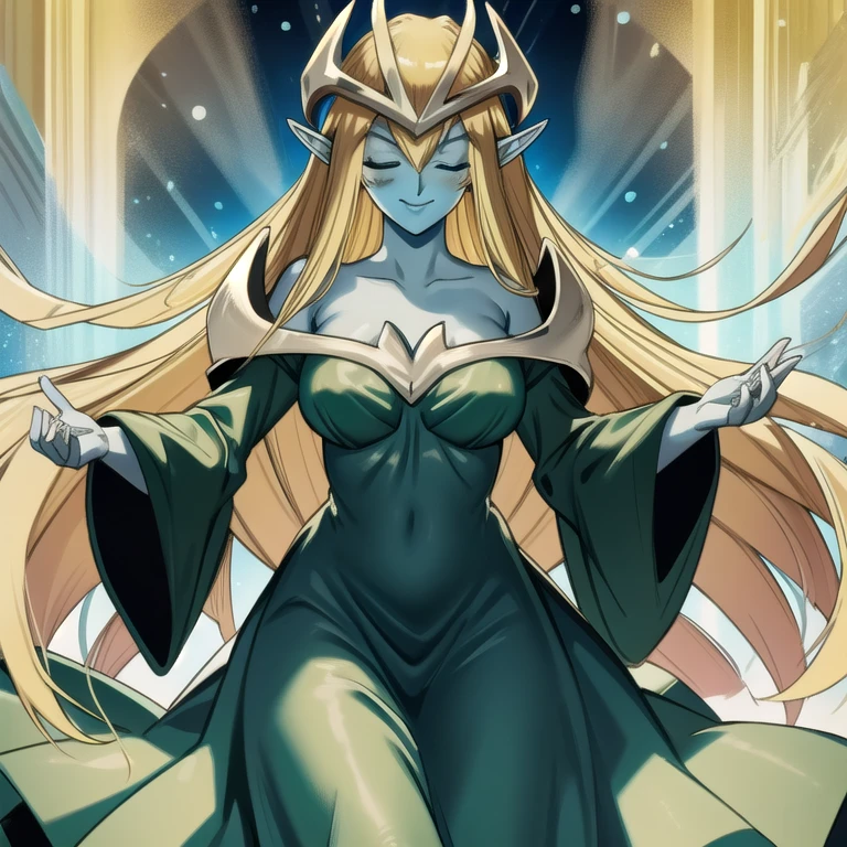 mysticalygo, mystical elf, smile, friendly look, medium breasts, eyes closed, green dress, long skirt, large sleeves, blue skin, blonde hair, long hair, Yugioh, 