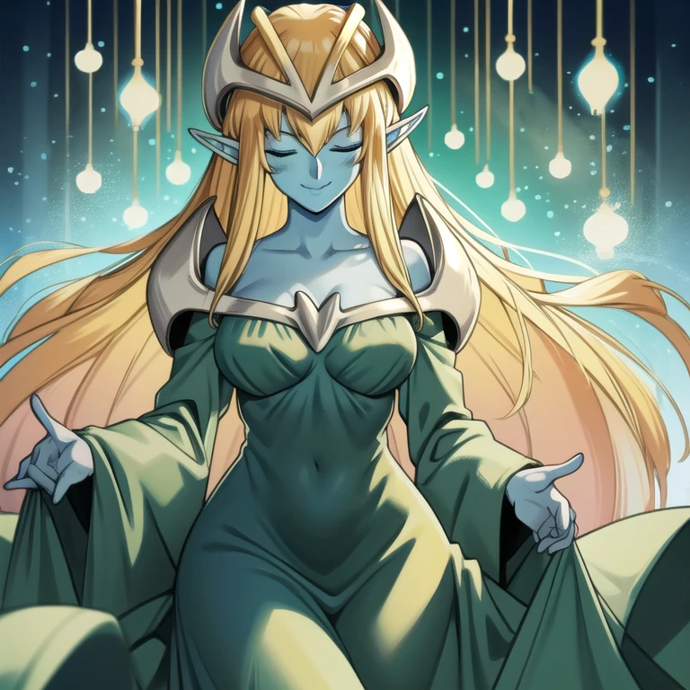 mysticalygo, mystical elf, smile, friendly look, medium breasts, eyes closed, green dress, long skirt, large sleeves, blue skin, blonde hair, long hair, Yugioh, 