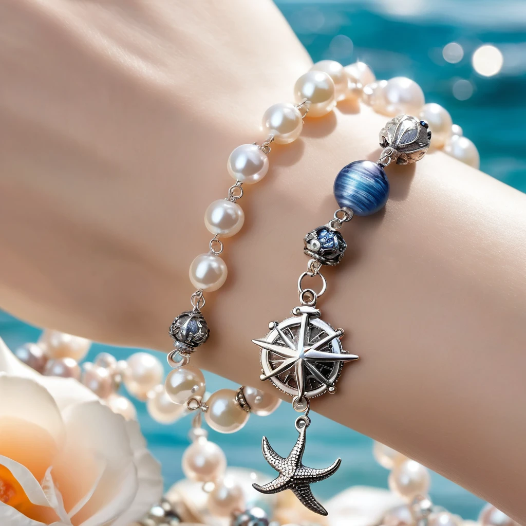 A shiny silver bracelet, on the wrist, (marine-themed charms:1.5), pearls, transparent colorful beads, delicate thin chain, (best quality, 4k, 8k, highres, masterpiece:1.2), ultra-detailed, (realistic, photorealistic, photo-realistic:1.37), intricate jewelry design, exquisite craftsmanship, shimmering metallic, ocean-inspired, iridescent pearls, vibrant hues, delicate filigree, elegant accessory, feminine aesthetics, close-up, detailed texture, soft focus, warm lighting