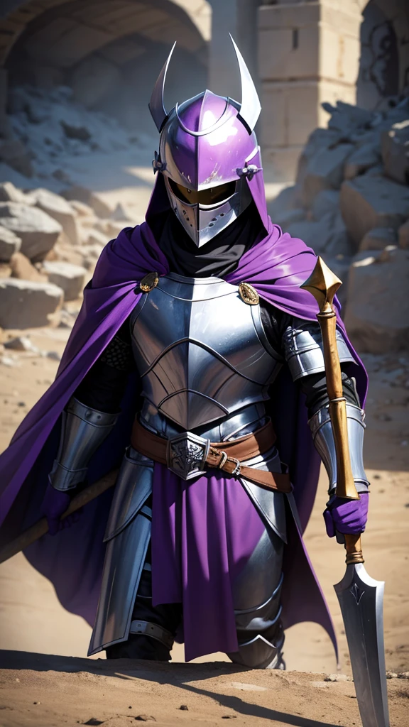 Knight wearing a bucket helmet that covers the entire head, with a purple cape and wields a battle axe