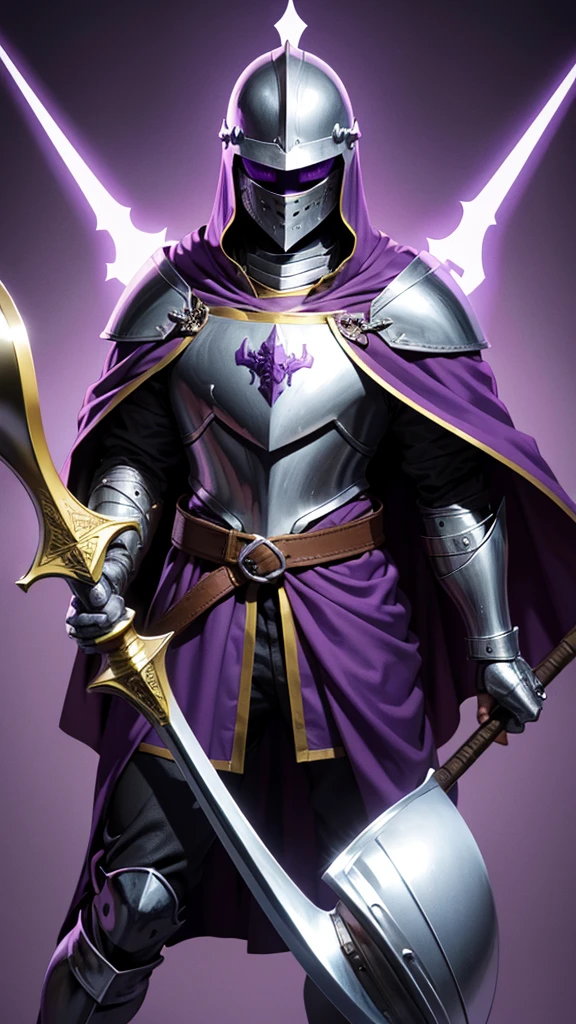 Knight wearing a bucket helmet that covers the entire head, with a purple cape and wields a battle axe