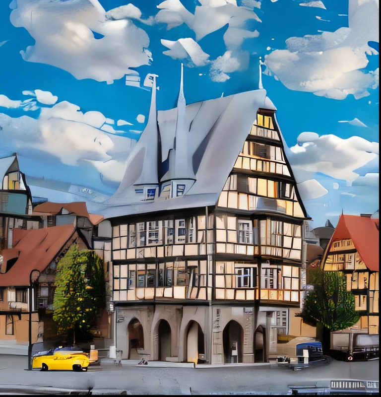 arafed building with a clock tower and a yellow car in front of it, german renaissance architecture, tabletop model buildings, medieval architecture, fancy medieval architecture, detmold, miniature, medieval town, european japanese buildings, european buildings, alter, medieval city, tudor architecture, gothic building style, by Frank Buchser, miniature world, by Karl Gerstner