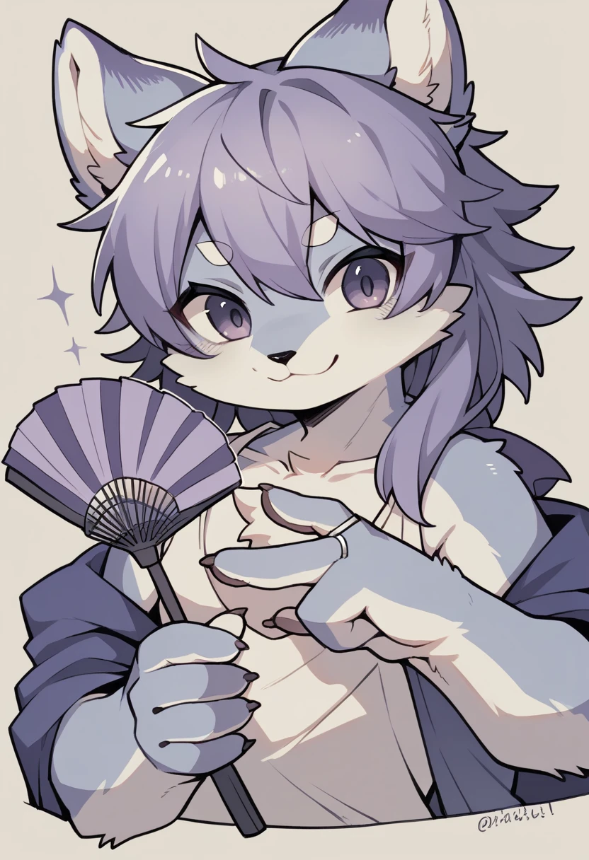 monochrome, watercolor, highres, top quality, best quality, paid reward available, High-quality illustrations, unparalleled masterpiece, perfect artwork, absurdres, 1girl, kemono, furry, detailed body fur, animal face, animal hand, Archaic Smile, holding a cluster of purple lavender in both hands, which are positioned at chest level, She is wearing a simple ring on the ring finger of her left hand, unfocused spread of purple lavender, fan-created work shared on platforms Pixiv or Twitter,