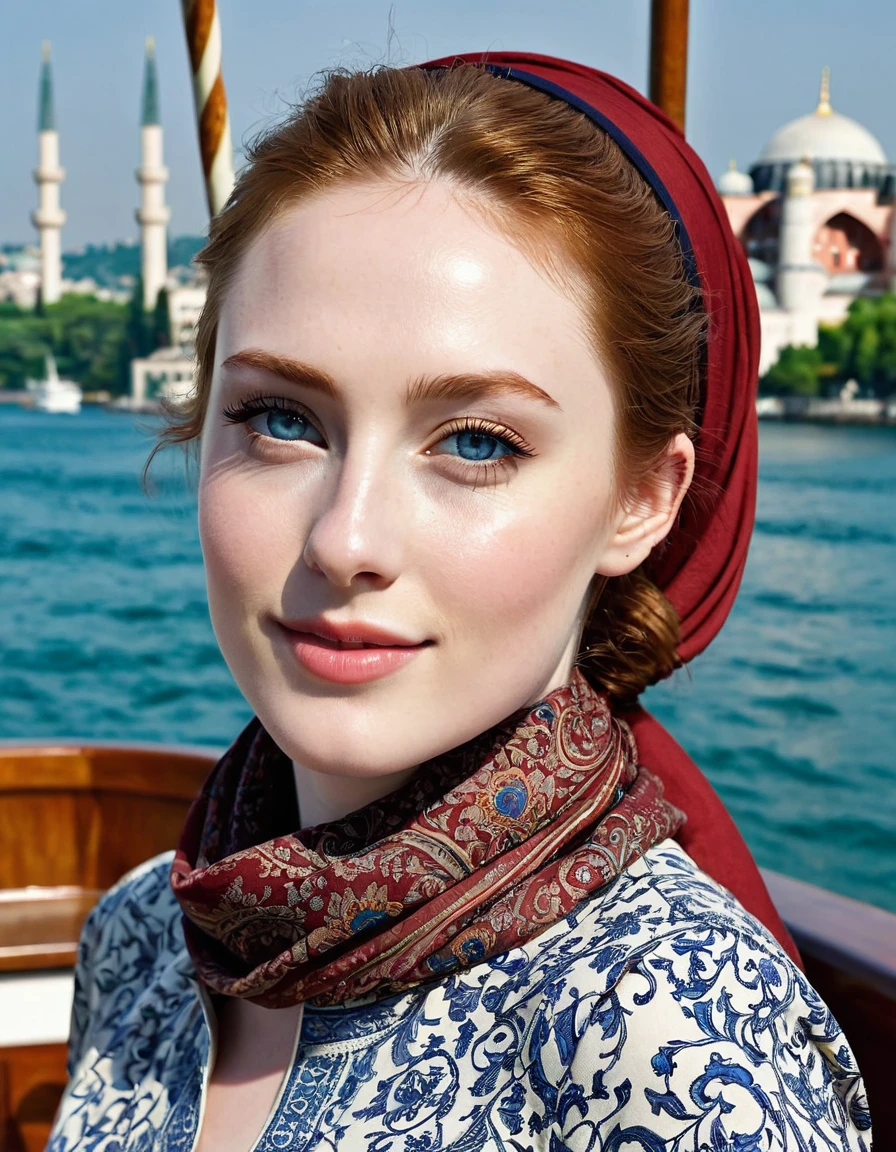 photography full body portrait of very beautiful realistic girl, on a boat in Bosphorus strait, porcelain skin, very fair skin, very pale skin, redhead, wavy, ponytail, very detail skin texture, hazel eyes, slanted eyes, small nose, small nostril, think curved eyebrow, thick bottom lip, seductive gaze, happy face, unique face, wear a headscarf hijab, detail photo, realistic photo, master piece picture, sharp picture, outdoor clear daylight, Blue Mosque background