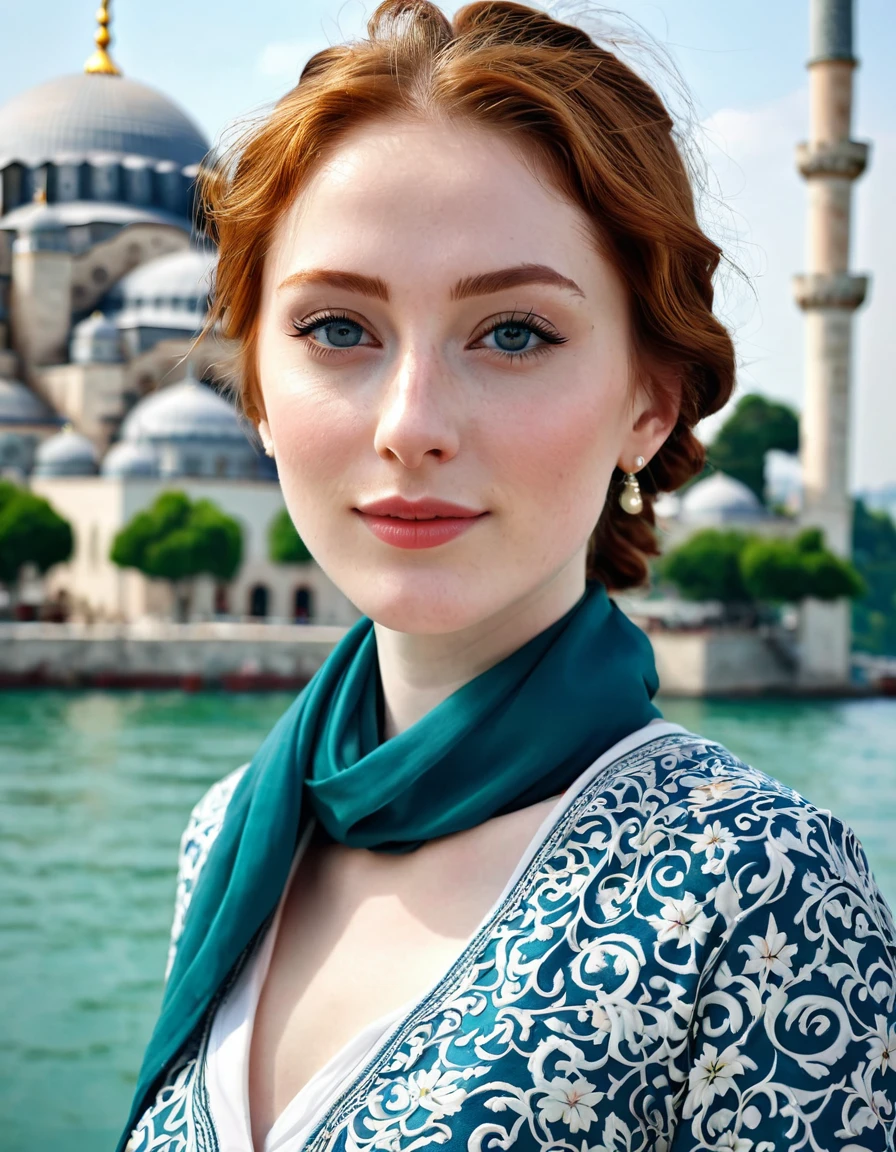 photography full body portrait of very beautiful realistic girl, on a boat in Bosphorus strait, porcelain skin, very fair skin, very pale skin, redhead, wavy, ponytail, very detail skin texture, hazel eyes, slanted eyes, small nose, small nostril, think curved eyebrow, thick bottom lip, seductive gaze, happy face, unique face, wear a headscarf hijab, detail photo, realistic photo, master piece picture, sharp picture, outdoor clear daylight, Blue Mosque background