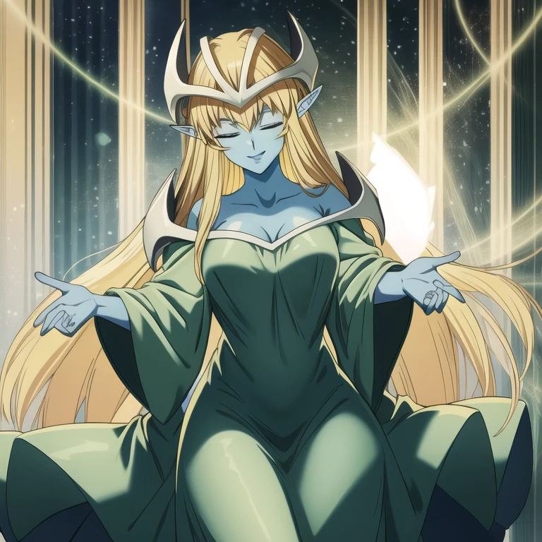 mysticalygo, mystical elf, smile, friendly look, medium breasts, eyes closed, green dress, long skirt, large sleeves, blue skin, blonde hair, long hair, Yugioh,