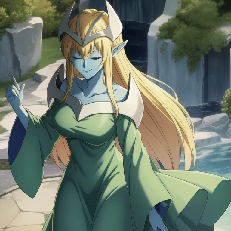 mysticalygo, mystical elf, smile, friendly look, medium breasts, eyes closed, green dress, long skirt, large sleeves, blue skin, blonde hair, long hair, Yugioh,
