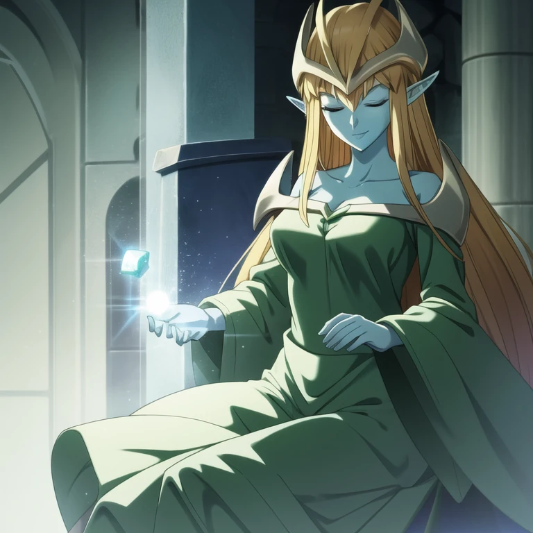 mysticalygo, mystical elf, smile, friendly look, medium breasts, eyes closed, green dress, long skirt, large sleeves, blue skin, blonde hair, long hair, Yugioh,
