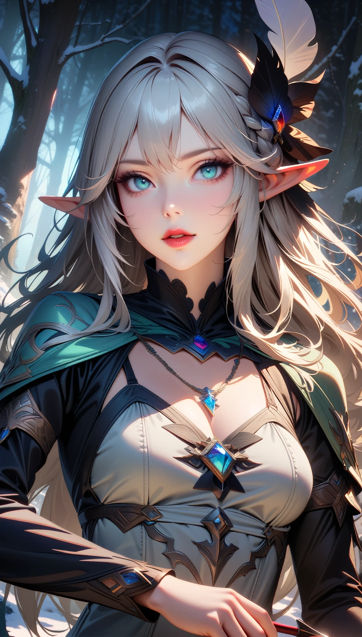 Masterpiece, Best Quality, Super Detailed, High Definition, HDR, Realistic, Depth, Fine Texture, Super Fine, Complete concentration, (very pretty anime elf archer), beautiful woman, female Archer, (holding a bow:1.2), (platinum hair, silver hair highlights), Slender high straight, long hair, bow headband, dream world, fair skin, elf archer, aqua eyes, red lipstick, long eyelashes, thick eyelashes, gemstone necklace, (Full details Archer costume), holding a bow, arrow, (soft light and shadow), beautiful detailed eyes, beautiful detailed lips, extremely detailed eyes and face, white and platinum colors scheme, snow forest, Cold face and eyes,expression was arrogant and cold, fantasy art, fantasy elf archer, medium shot