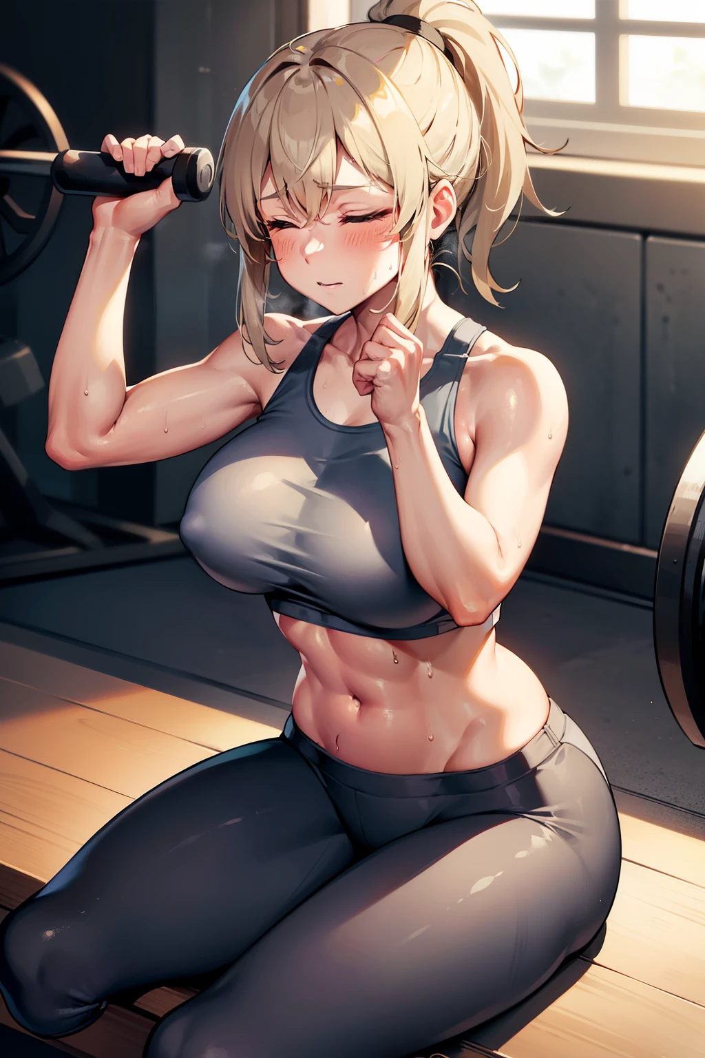 gym, exersice, one adult woman, workout, hot, sweating, sweaty, tan, medium boobs, lifting, yogapants, grey yogapants, grey pants, grey clothes, blonde, ponytail, lean body, blonde, blonde hair, woman, grey pants, one girl cute , exercise machine, sitting, sitting , eyes closed, closed eyes, sitting, sweat, drenched 