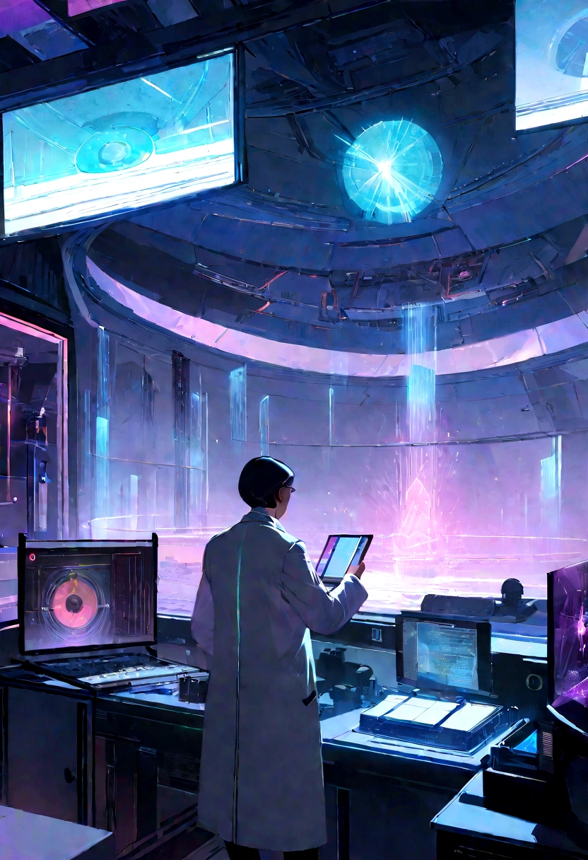 Futuristic art of double perovskite crystals in a high-tech laboratory by Syd Mead and Ralph McQuarrie, cinematic composition, trending on Artstation. The scene focuses on cubic crystals with bright, luminescent colors—blue, green, and purple—emitting a faint glow. The lab features sleek, modern equipment like holographic screens, microscopes, and other advanced instruments. Researchers in modern lab coats observe and analyze the crystals, interacting with holographic displays. Subtle visual elements represent magnetism and solar energy, such as faint magnetic field lines and a stylized sunbeam. A small section shows heat-to-electricity conversion with glowing lines indicating energy flow, adding to the futuristic, slightly surreal atmosphere.