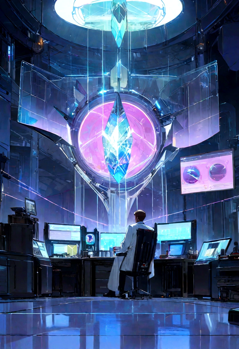 Futuristic art of double perovskite crystals in a high-tech laboratory by Syd Mead and Ralph McQuarrie, cinematic composition, trending on Artstation. The scene focuses on cubic crystals with bright, luminescent colors—blue, green, and purple—emitting a faint glow. The lab features sleek, modern equipment like holographic screens, microscopes, and other advanced instruments. Researchers in modern lab coats observe and analyze the crystals, interacting with holographic displays. Subtle visual elements represent magnetism and solar energy, such as faint magnetic field lines and a stylized sunbeam. A small section shows heat-to-electricity conversion with glowing lines indicating energy flow, adding to the futuristic, slightly surreal atmosphere.