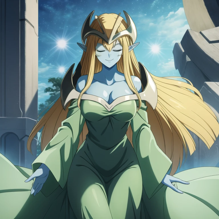 mysticalygo, mystical elf, smile, friendly look, medium breasts, eyes closed, green dress, long skirt, sleeve covered hands, large sleeves, blue skin, blonde hair, long hair, Yugioh,
