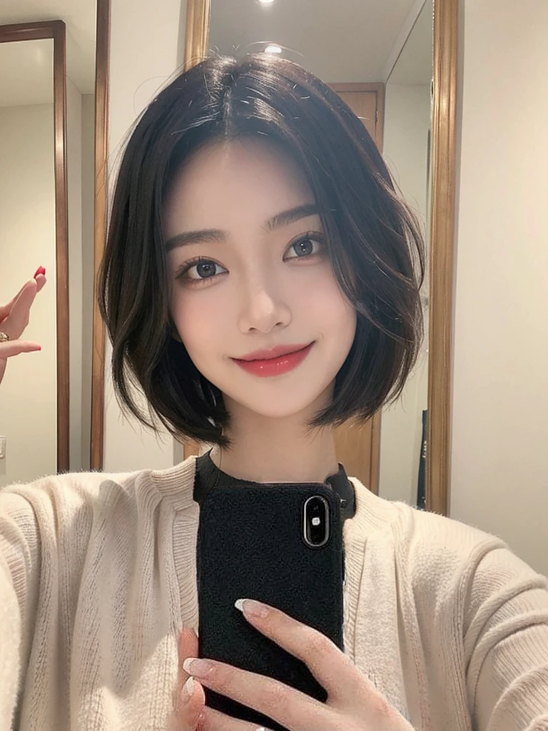 woman,beautiful,short hair,cute,smile,Selfie in front of the mirror,Crop shirt