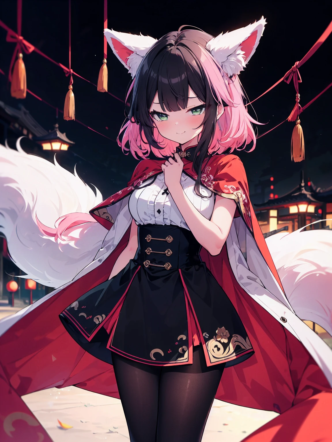 (cowboy shot), (colorful:1.1), (ultra-high resolution, depth of field:1.2), (Tingyun:1.1), solo, (black hair), inner pink hair, bangs, green eyes, (red underline), fox ears, white fox tail, multiple fox tails, (medium breasts), (long dress), (long black dress with a waist cincher), crossed collar shirt, pantyhose, cape, smile, squinting, Chinese garden scenery