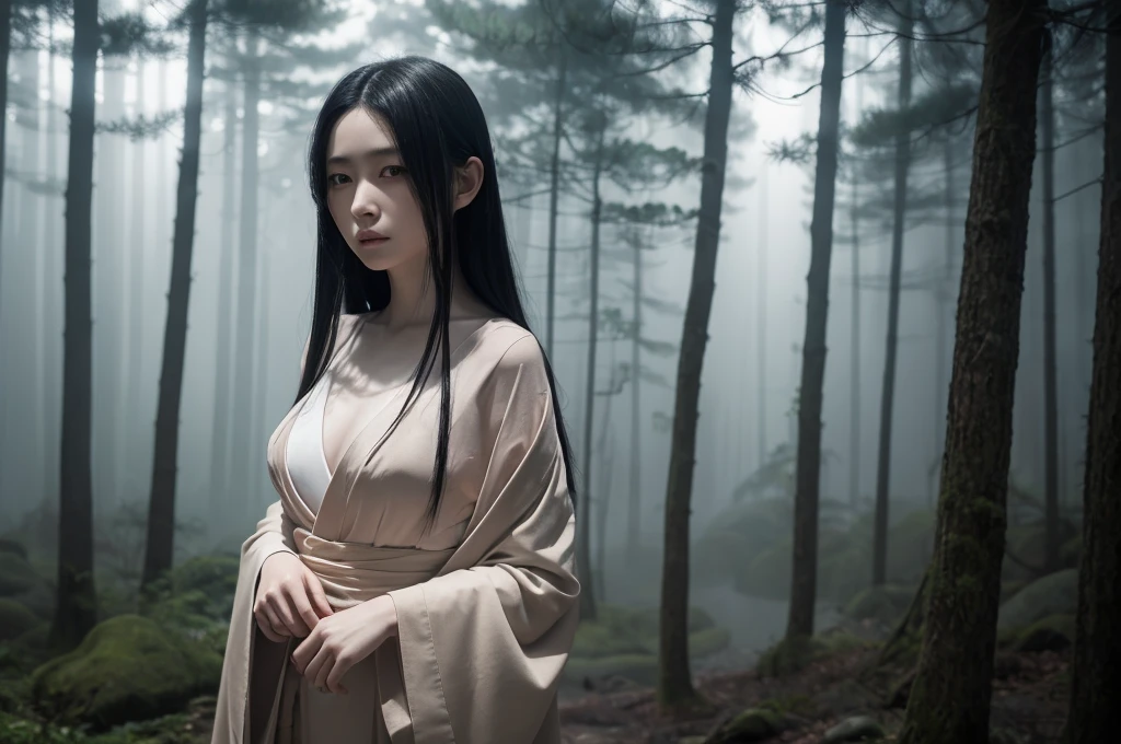 8k,crawl on the ground in the forest,Very normal breasts,A high resolution,real looking skin,Horror movie shot of creepy,very long black hair, Sadako,Super beauty(Like the real thing), wearing a dirty gown, eerily distorted face,thirds rule, Tonal color scheme, Pale Brown,  Bokeh, mystery, Horror, eery, creepy, Moody lighting, In the style of Denis Villeneuve, Film Still, cinestill 800,Fantasyart,character art,sexy for,Horrific morphology,grudge,Grievances, 8K, ultra high res.photorealistic, UHD, realistic hands, textured skin, high details, high quality, [[photorealistic Chromatic aberration]], digital photograph, HDR, high contrast, (cowboy shot), masterpiece. [The sceneis surrounded by mist, evoking a mysterious and eerie atmosphere. The lighting is dark and atmospheric, with smoke adding a touch of sinister ambiance. Best quality image, HDR enhancement, showcasing the utmost level of detail and realism, full body shot:1.5]. [8K, Best Quality, Ultra High Resolution, (highly detailed CG unity 8k wallpaper), (best photo), (best shadows), isometric 3D, octane rendering, ray tracing, highly detailed, (Best quality, 4K, 8k:1.2), absurdity, ultra detailed, (realistic, photorealistic, photorealistic:1.37), complex parts, HDR, (complex parts:1.12), (hyper detailed, hyper realistic, Soft lighting, spicy:1.2), (complex parts, Hyper detailed:1.15). Blurred foreground. (backlit), masterpiece, high quality, brightness, chromatic aberration, foggy smoke, shadows, contrast, clear sky, (warm hue, warm tone), high details, natural reflections]. (YES SFW), many details.