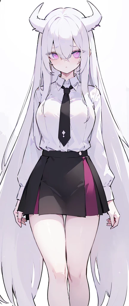 (((Long White hair))),White hair,kawai,(((Eyes visible from bangs,hair over eyes:1.3))),,Huge breasts,(purple color eyes),,(purple slanted eyes),1girl in,bangs,long White hair, pantyhose,Cowboy Shot,white background,Straight hair hair,(On both sides of the head has sharp black devil horns) ((head bowed pose)) Ter's hair flows straight down, has two sharp black horns (slant purple eyes) (((wearing a perfect white shirt))) white shirt sleeves should be folded to the elbows ((Don't wear any ties (wear a long black skirt, both sides of the skirt are split The other two sides of the skirt are split (showing her bare thighs) Long black skirt split at the thighs, perfect white shirt, no accessories like a tie (sexy body) Bare thighs without wearing any socks, The character's body is visible from head to ankle, ((Tall slim perfect body)) (tight black skirt)