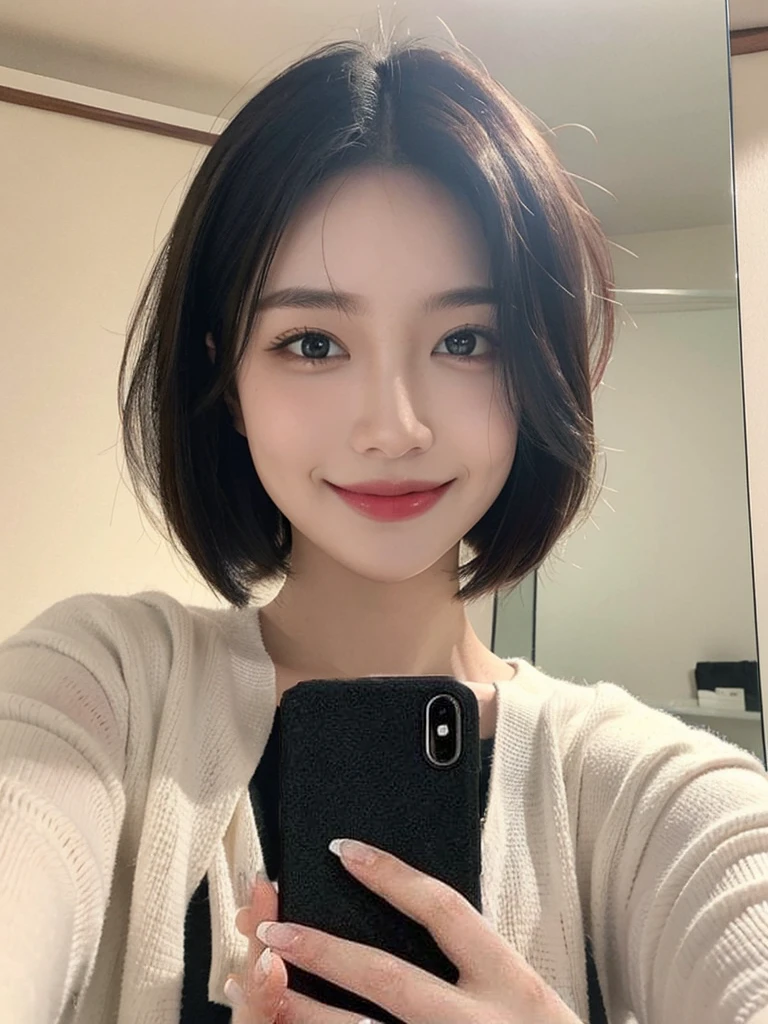 woman,beautiful,short hair,cute,smile,Selfie in front of the mirror,Crop shirt