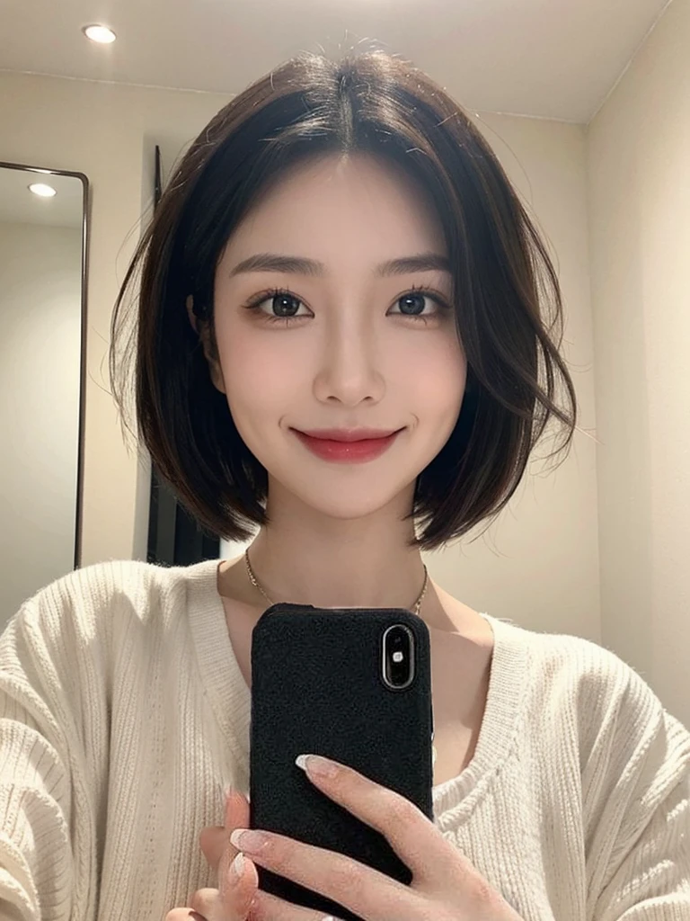 woman,beautiful,short hair,cute,smile,Selfie in front of the mirror,Crop shirt