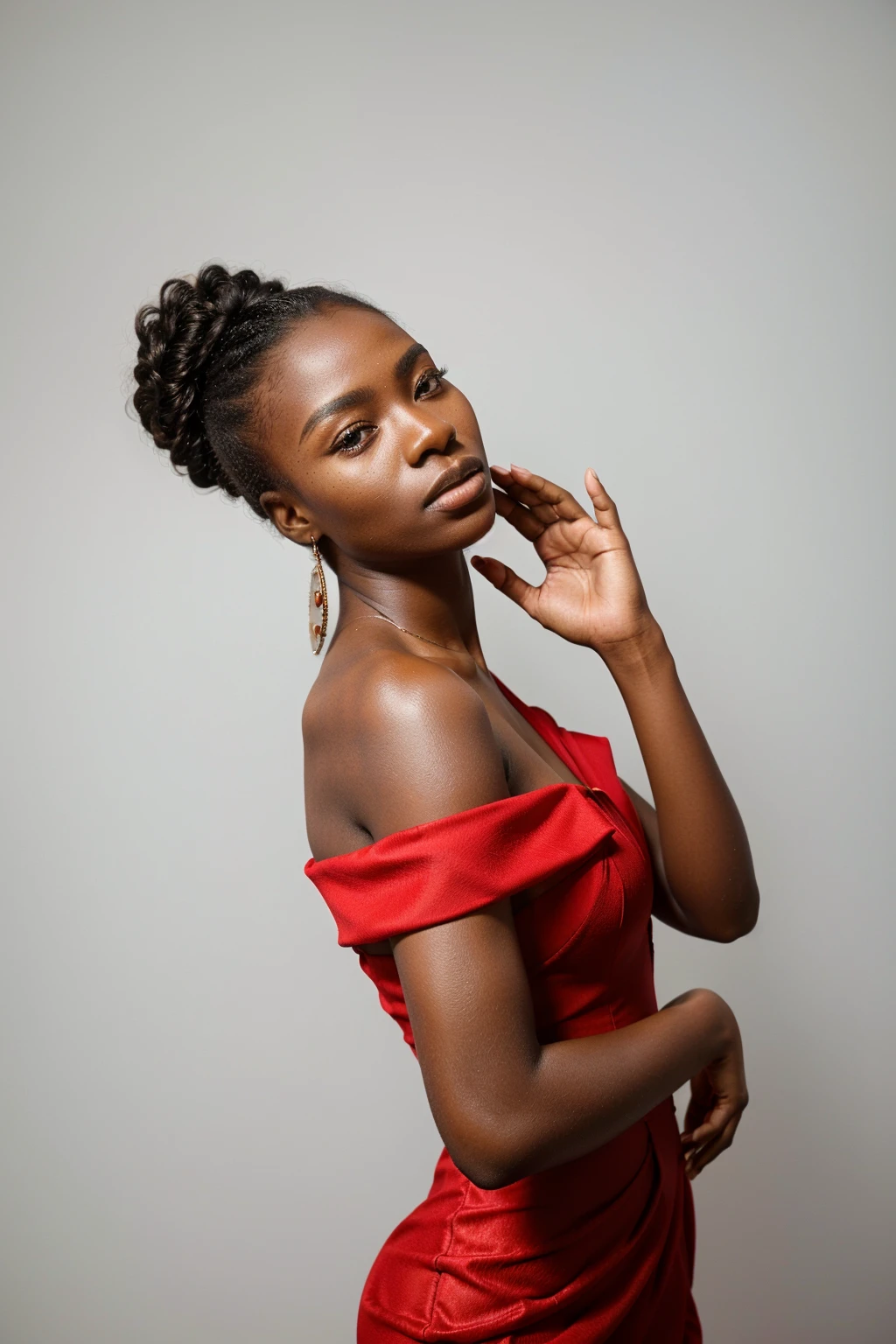 there is a woman in a red dress posing for a picture, maria borges, young black woman, black young woman, high quality portrait photoshoot, stunning elegant pose, photo of a black woman, photoshoot portrait, 2 4 year old female model, a beautiful young woman, posing elegantly over the camera, elegant posed, stunning african princess, professional model photography, retouch this image